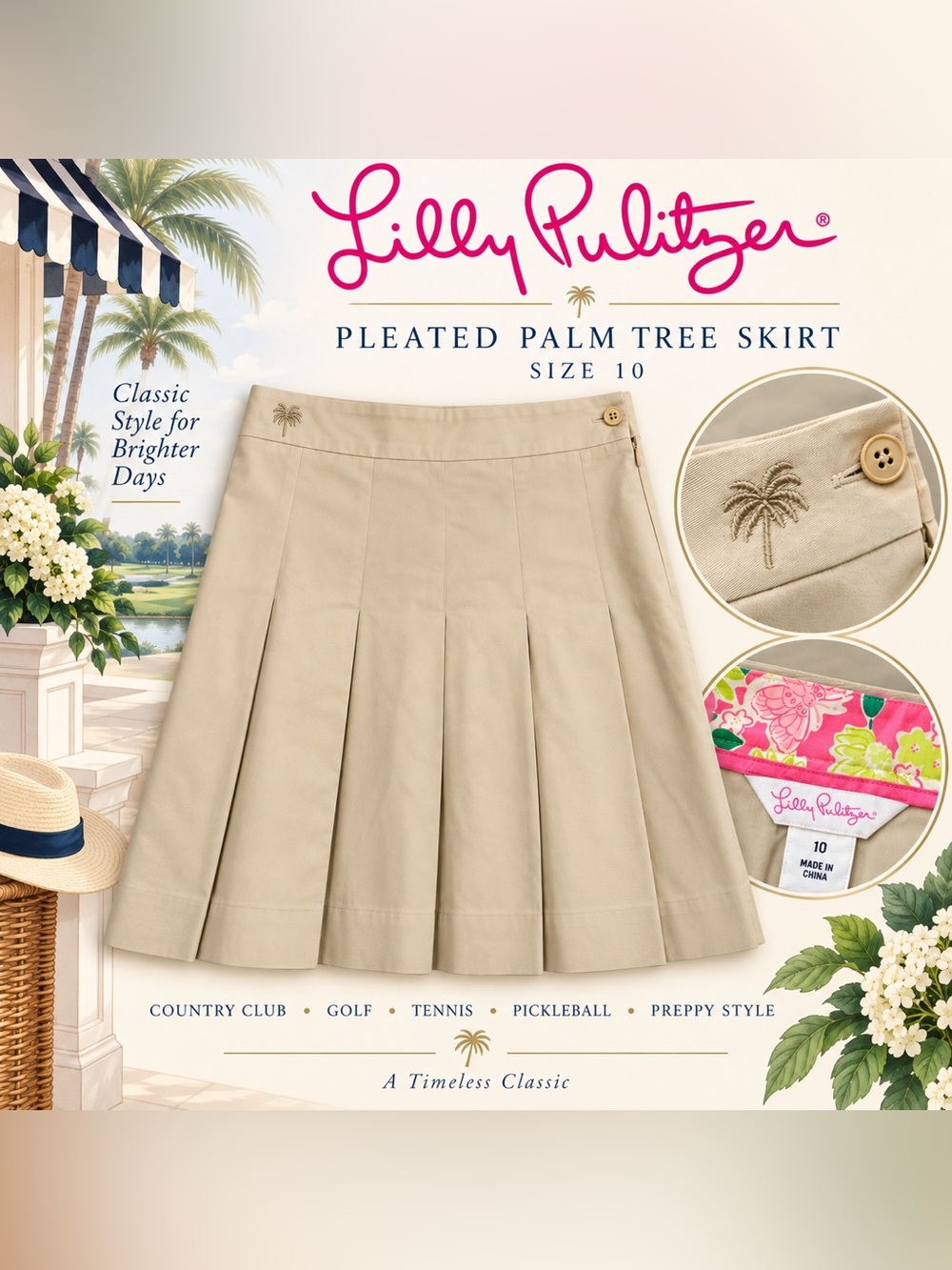 Lilly Pulitzer Pleated Palm Tree Skirt - Beige